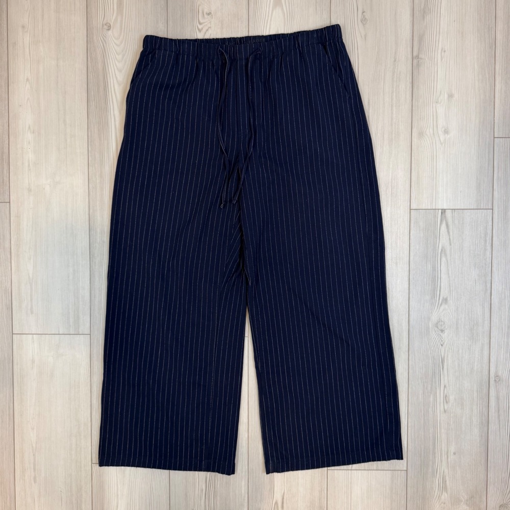 American Eagle Navy Pinstripe Wide Leg Crop Pants Large Drawstring Elastic Waist